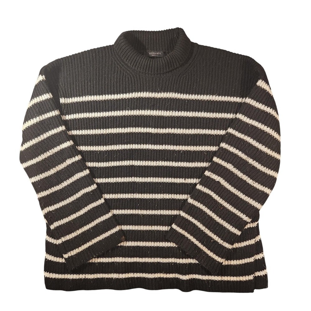 AllSaints Sweater Mens Medium Black Merino Wool Cashmere Pullover Mock Striped